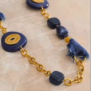 Stylish Gold and Blue Denim Evil Eye Long Sweater Statement Necklace